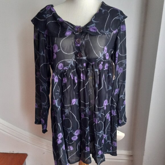 VINTAGE 90s Y2K EQUATION BLACK PURPLE CHIFFON BABYDOLL FLORAL DRESS NOS M - Picture 1 of 9